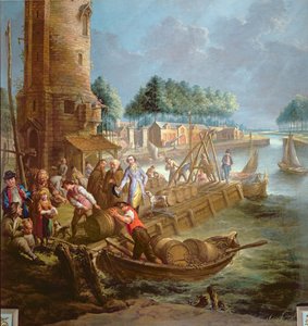 Scena di canale con mercante di vino che scarica barili