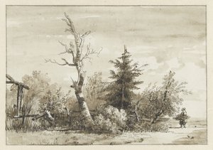 Paesaggio con gruppo di alberi e raccoglitrice di legna a destra da Jan Apeldoorn