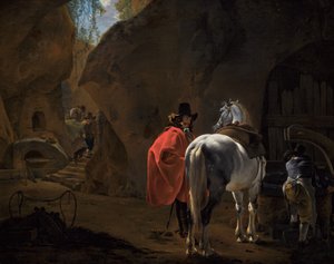 Un signore con un cavallo grigio in un paesaggio cavernoso da Jan Asselijn