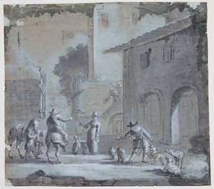 Scena con un portone aperto, figure e animali