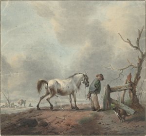 Paesaggio con uomo, cavallo e cane che si abbeverano