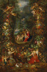 La Sacra Famiglia circondata da una ghirlanda di frutta sostenuta da putti (olio su tavola) da Jan & Balen Hendrik van (1575-1632) Brueghel