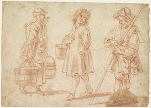 Tre schizzi di una donna con giogo, uomo con secchio e un pellegrino da Jan Baptist Lambrechts