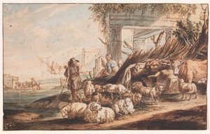 Pastore con un gregge di pecore e una mucca tra le rovine da Jan Baptist Weenix