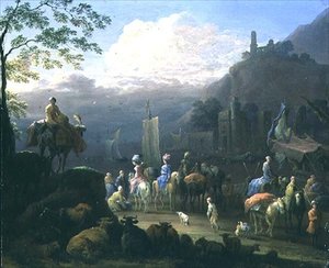 Un gruppo di viaggiatori vicino a un porto da Jan Baptist van der Meiren