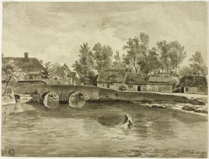 Uomo che pesca nel fiume vicino al villaggio da Jan Baptiste de Jonghe