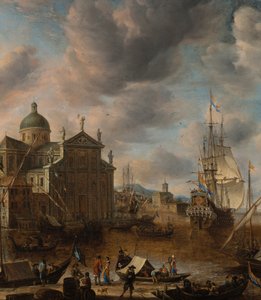 Un porto mediterraneo "capriccio" con figure che conversano su un molo e un tre alberi olandese che si ormeggia oltre, 1665 da Jan Beerstraten