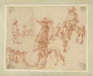 Foglio di studi con cacciatori, cavalli e cani da Jan Blom