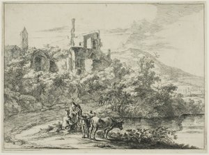 Paesaggio con rovine e due mucche al bordo dell