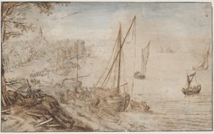 Paesaggio fluviale. In primo piano una barca che viene caricata e uomini che tagliano assi da Jan Brueghel d.Æ.