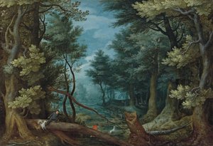 Un paesaggio forestale con cacciatori che inseguono un cervo da Jan Brueghel the Elder