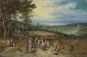 Un vasto paesaggio boscoso con viaggiatori su un sentiero e contadini che danzano in primo piano / Landscape with Travellers and Peasants on a Track da Jan Brueghel the Elder