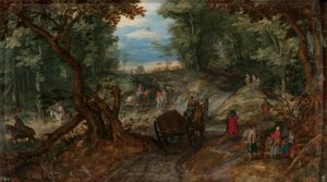 Foresta con carri che attraversano un ruscello e cavalieri da Jan Brueghel the Elder