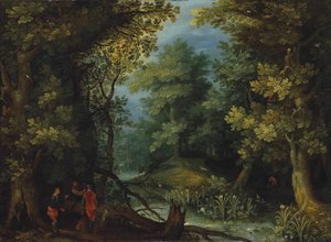 Cacciatori con segugi vicino a un ruscello in un paesaggio boscoso da Jan Brueghel the Elder