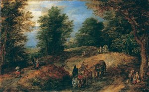 Paesaggio con viaggiatori su un sentiero boschivo