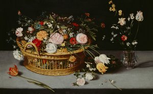 Natura morta con cesto e vaso di fiori