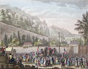 Le donne di Les Halles ad Auteuil mentre portano la famiglia reale francese a Parigi da Versailles il 6 ottobre 1789, 1796