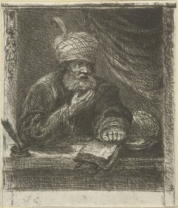 Uomo con turbante dietro un tavolo da scrittura da Jan Chalon