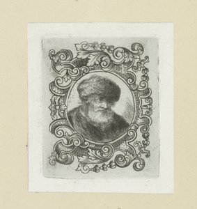 Vecchio con cappello di pelliccia in cornice ornamentale (The Compleat Work of Etchings by John Chalon)