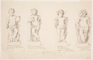Disegni, progetti per statue: "Saggezza". "Costanza". "Eloquenza". "Cupido travestito", 1726