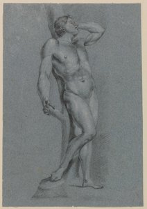 Uomo nudo, in piedi appoggiato a un albero