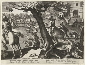 Caccia al cervo con cani da Jan Collaert (II) (attributed to)
