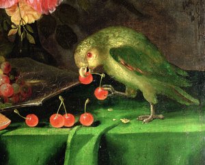 Natura morta di frutta e fiori, dettaglio di un pappagallo