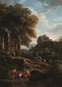 Paesaggio classico con figure in primo piano, rovine a sinistra e una figura al centro che fa un sacrificio da Jan Frans van Bloemen