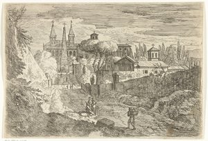 Paesaggio italianizzante con viaggiatori presso mura cittadine da Jan Frans van Bloemen