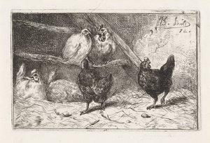 Gallo e cinque galline in un pollaio da Jan Gerard Smits