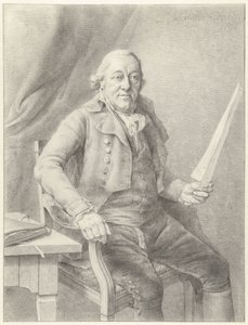 Ritratto di Reinier Vinkeles I, seduto su una sedia con un foglio di carta in mano da Jan Gerard Waldorp