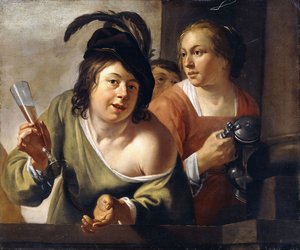 Un giovane bevitore e una cameriera che bevono su un balcone da Jan Gerritsz. van Bronckhorst