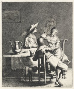 Fumatore soffia fumo verso una donna da Jan Gillisz. van Vliet