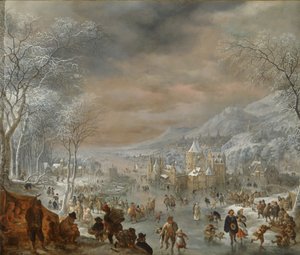 Paesaggio invernale con pattinatori, chiesa e villaggio lungo la riva di un fiume da Jan Griffier