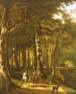 Viaggiatori su un sentiero in un paesaggio boscoso da Jan Hackaert