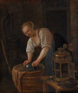 Donna che pulisce utensili di metallo da Jan Havicksz. Steen