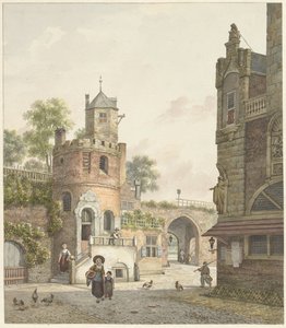 Mura della città con una torre e una porta, viste dall