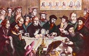 La luce è posta sul candelabro - Incisione di Jan Houwens che mostra i riformatori Giovanni Calvino e Martin Lutero incontro immaginario dei leader riformisti: John Wyclif