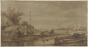 Vista del canale con fattoria e barca sdraiata da Jan Hulswit (possibly)