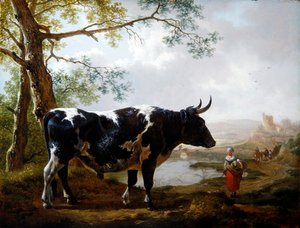 Un toro da premio in un paesaggio verdeggiante da Jan II Kobell