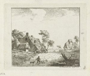 Paesaggio con pastore e pecore vicino a due fattorie da Jan Izaak van Mansvelt