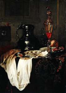 Natura morta con boccale di latta e calice con coperchio