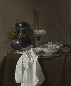 Natura morta con un boccale di peltro e due ciotole Ming, 1651 da Jan Jansz. Treck