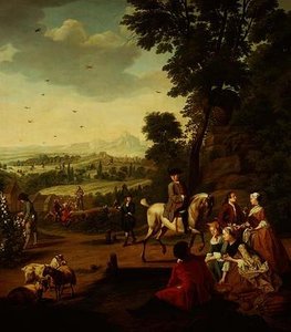 Una elegante festa di falconeria che riposa in un parco da Jan Josef the Younger Horemans