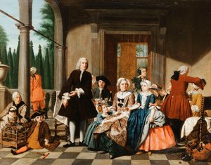 Ritratto di una famiglia che cena su un portico, con un giardino formale oltre, 1747