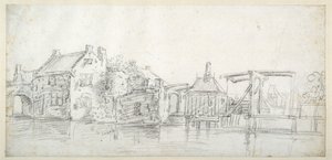 Un canale con edifici, inclusa una casa del pedaggio e un ponte pedaggio, c.1650