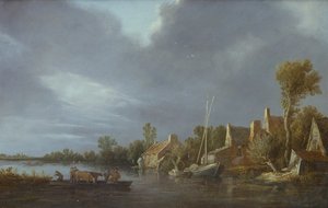 Un villaggio vicino a un fiume con contadini e bestiame su un traghetto da Jan Josephsz van Goyen
