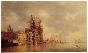 Una torre medievale su un bastione del castello con navi a vela a un molo e una barca a remi in primo piano, c.1642 da Jan Josephsz van Goyen