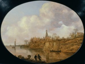 Tre pescatori che tirano una rete e cesti sulla riva di un fiume con un castello e un villaggio in lontananza