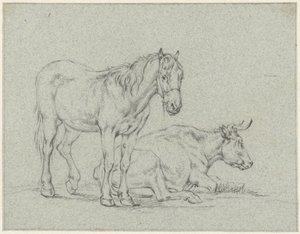 Cavallo in piedi e una mucca sdraiata da Jan Kobell (II)